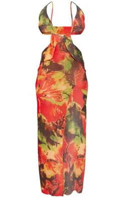 Shape Bright Red Mesh Ruched Side Maxi Dress