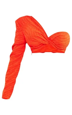 Shape Bright Red Plisse Textured One Sleeve Crop Top