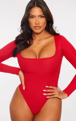 Shape Bright Red Rib Long Sleeve Square Neck Bodysuit