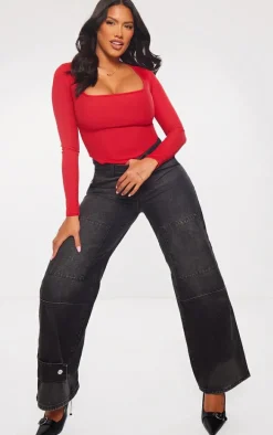 Shape Bright Red Rib Long Sleeve Square Neck Bodysuit