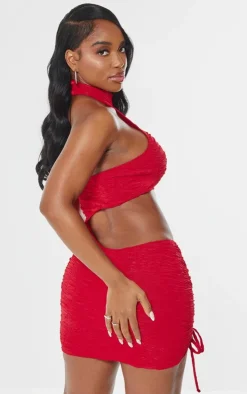 Shape Bright Red Textured High Neck Cut Out Bodycon Dress