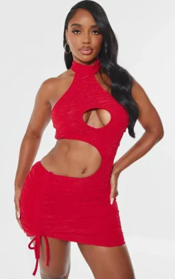 Shape Bright Red Textured High Neck Cut Out Bodycon Dress