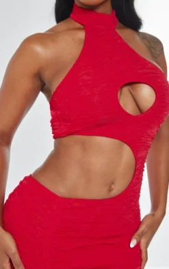Shape Bright Red Textured High Neck Cut Out Bodycon Dress