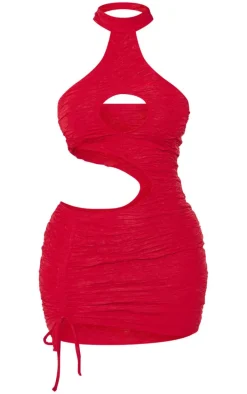 Shape Bright Red Textured High Neck Cut Out Bodycon Dress