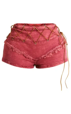 Shape Bright Red Washed Denim Fray Detail Hot Pants
