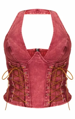 Shape Bright Red Washed Denim Lace Up Corset