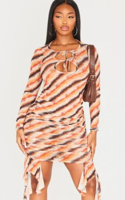 Shape Brown Abstrect Printed Cut Out Long Sleeve Top