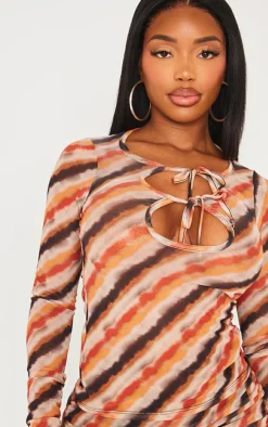 Shape Brown Abstrect Printed Cut Out Long Sleeve Top