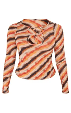 Shape Brown Abstrect Printed Cut Out Long Sleeve Top