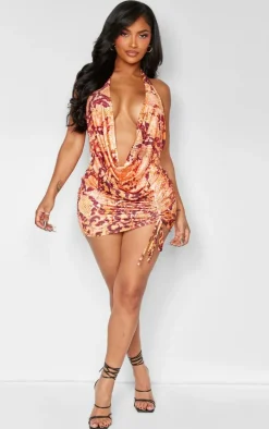 Shape Brown Animal Printed Slinky Halterneck Cowl Ruched Bodycon Dress