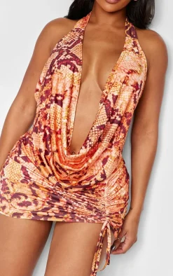 Shape Brown Animal Printed Slinky Halterneck Cowl Ruched Bodycon Dress