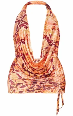 Shape Brown Animal Printed Slinky Halterneck Cowl Ruched Bodycon Dress