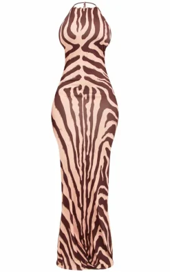 Shape Brown Body Print Slinky Halterneck Ruched Bum Maxi Dress