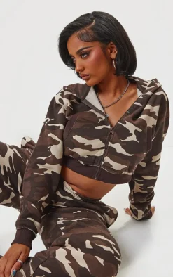 Shape Brown Camo Print Hooded Zip Up Crop Top