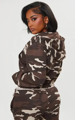 Shape Brown Camo Print Hooded Zip Up Crop Top