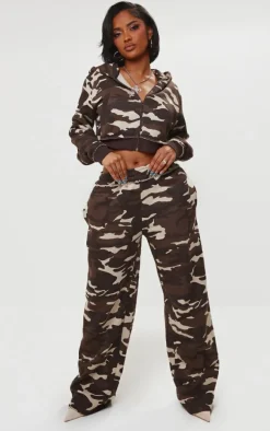 Shape Brown Camo Print Hooded Zip Up Crop Top