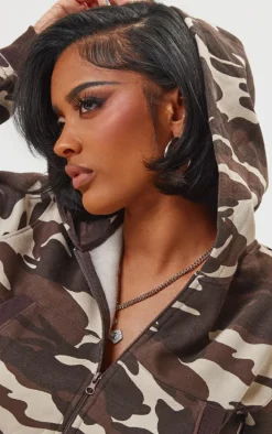 Shape Brown Camo Print Hooded Zip Up Crop Top