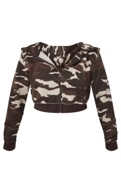 Shape Brown Camo Print Hooded Zip Up Crop Top