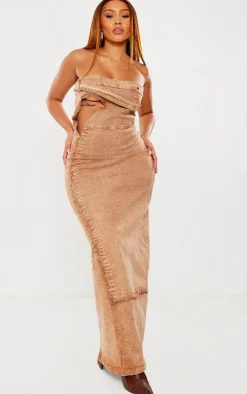 Shape Brown Denim Acid Wash Washed Cut Out Bandeau Maxi Dress