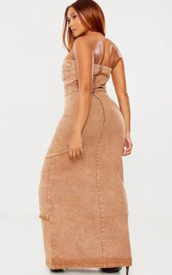 Shape Brown Denim Acid Wash Washed Cut Out Bandeau Maxi Dress