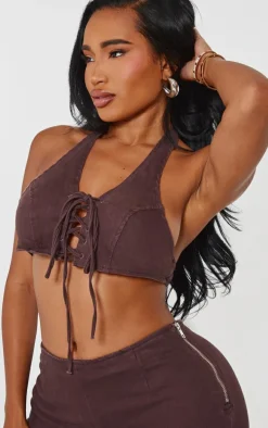 Shape Brown Denim Halterneck Lace Up Front Crop Top
