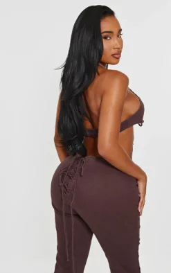 Shape Brown Denim Halterneck Lace Up Front Crop Top