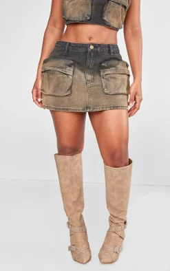 Shape Brown Denim Washed Pocket Mini Skirt