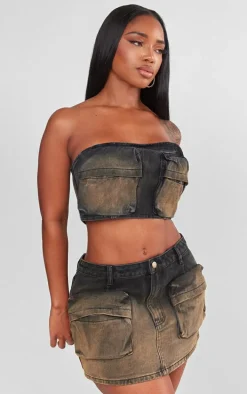 Shape Brown Denim Washed Pocket Mini Skirt