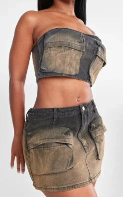 Shape Brown Denim Washed Pocket Mini Skirt