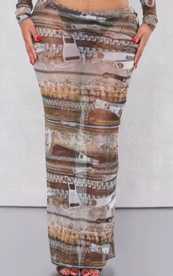 Shape Brown Denim Zip Print Mesh Low Rise Maxi Skirt