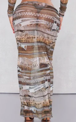 Shape Brown Denim Zip Print Mesh Low Rise Maxi Skirt