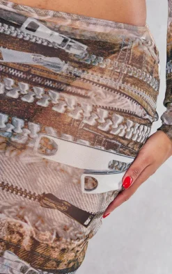 Shape Brown Denim Zip Print Mesh Low Rise Maxi Skirt