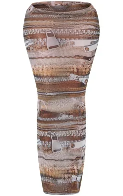 Shape Brown Denim Zip Print Mesh Low Rise Maxi Skirt