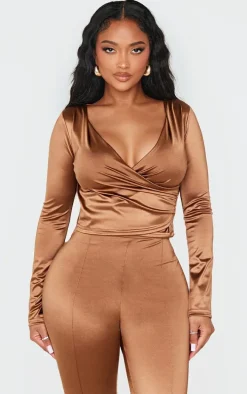 Shape Brown Disco Sculpt Wrap Over Long Sleeve Top