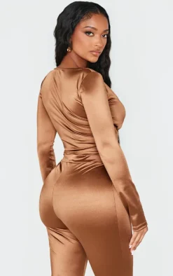 Shape Brown Disco Sculpt Wrap Over Long Sleeve Top