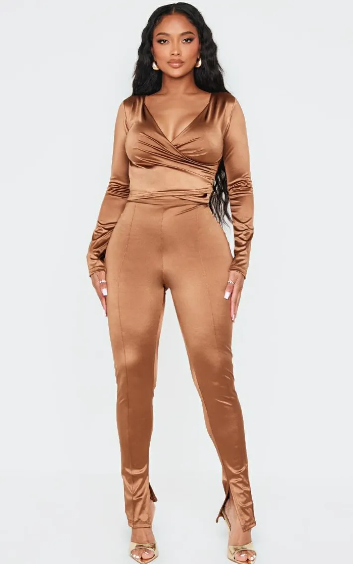 Shape Brown Disco Sculpt Wrap Over Long Sleeve Top