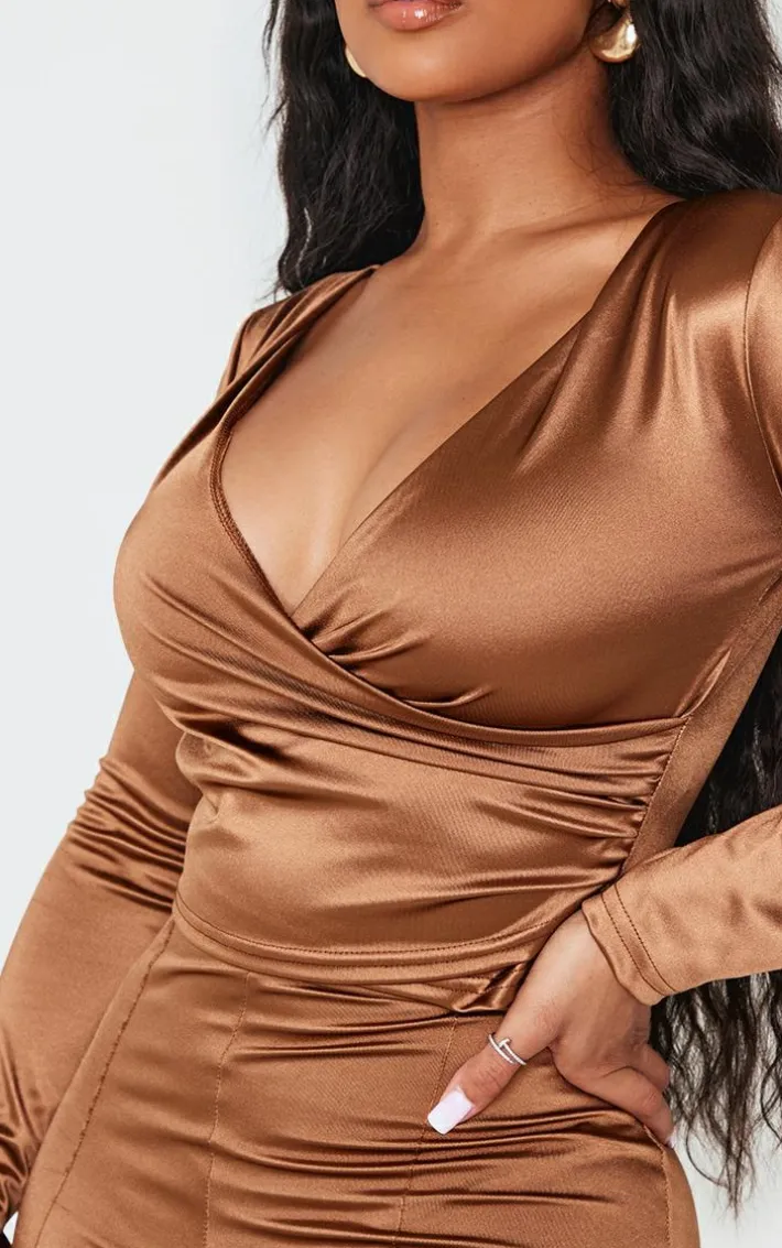 Shape Brown Disco Sculpt Wrap Over Long Sleeve Top