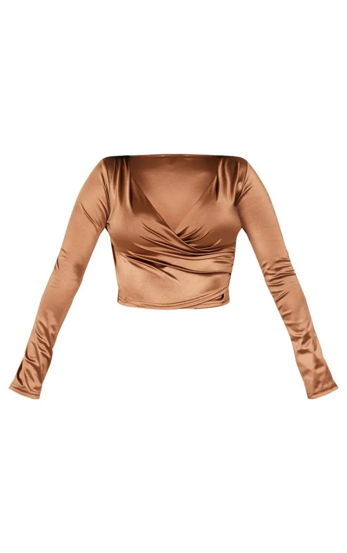 Shape Brown Disco Sculpt Wrap Over Long Sleeve Top