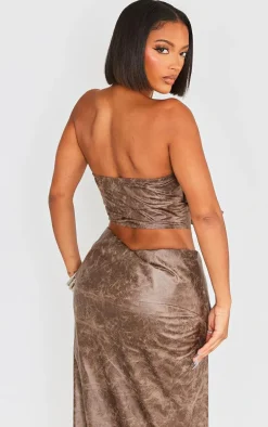 Shape Brown Faux Leather Washed Effect Bandeau Buckle Detail Corset
