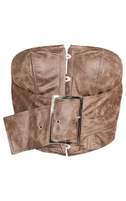 Shape Brown Faux Leather Washed Effect Bandeau Buckle Detail Corset