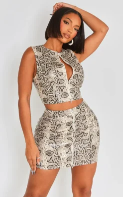 Shape Brown Faux Leather Snake Print Zip Front Top