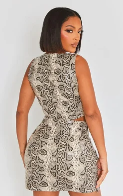 Shape Brown Faux Leather Snake Print Zip Front Top