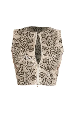 Shape Brown Faux Leather Snake Print Zip Front Top