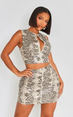 Shape Brown Faux Leather Snake Print Zip Front Mini Skirt