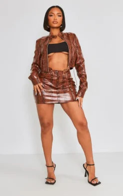 Shape Brown Faux Leather Snake Print Mini Skirt