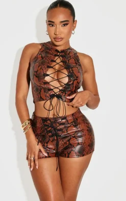 Shape Brown Faux Leather Snake Print Lace Up Hot Pants