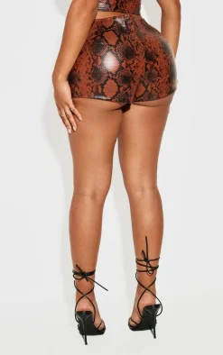 Shape Brown Faux Leather Snake Print Lace Up Hot Pants
