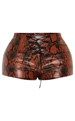 Shape Brown Faux Leather Snake Print Lace Up Hot Pants