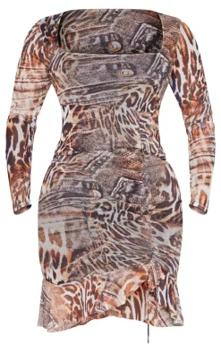 Shape Brown Leopard Denim Print Mesh Long Sleeve Frill Hem Bodycon Dress
