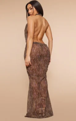 Shape Brown Leopard Printed Chiffon Drape Front Maxi Dress